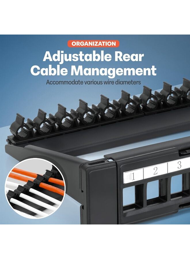 LAMAY 24 Port Patch Panel Use with Slim Profile Keystones ONLY (Wider Jacks May not fit Side by Side) Snap-in Design with Adjustable Rear Cable Management Bar for RJ45 HDMI Coax Speaker - Image 5